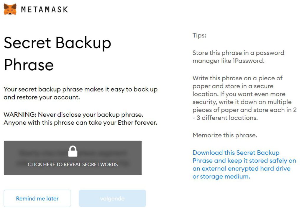 MetaMask Backup Phrase instellen