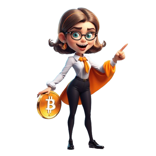Meisje met grote Bitcoin in hand wijzend naar rechts